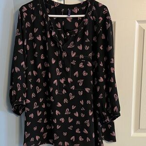 NYDJ Black Blouse with Pink Heart Pattern